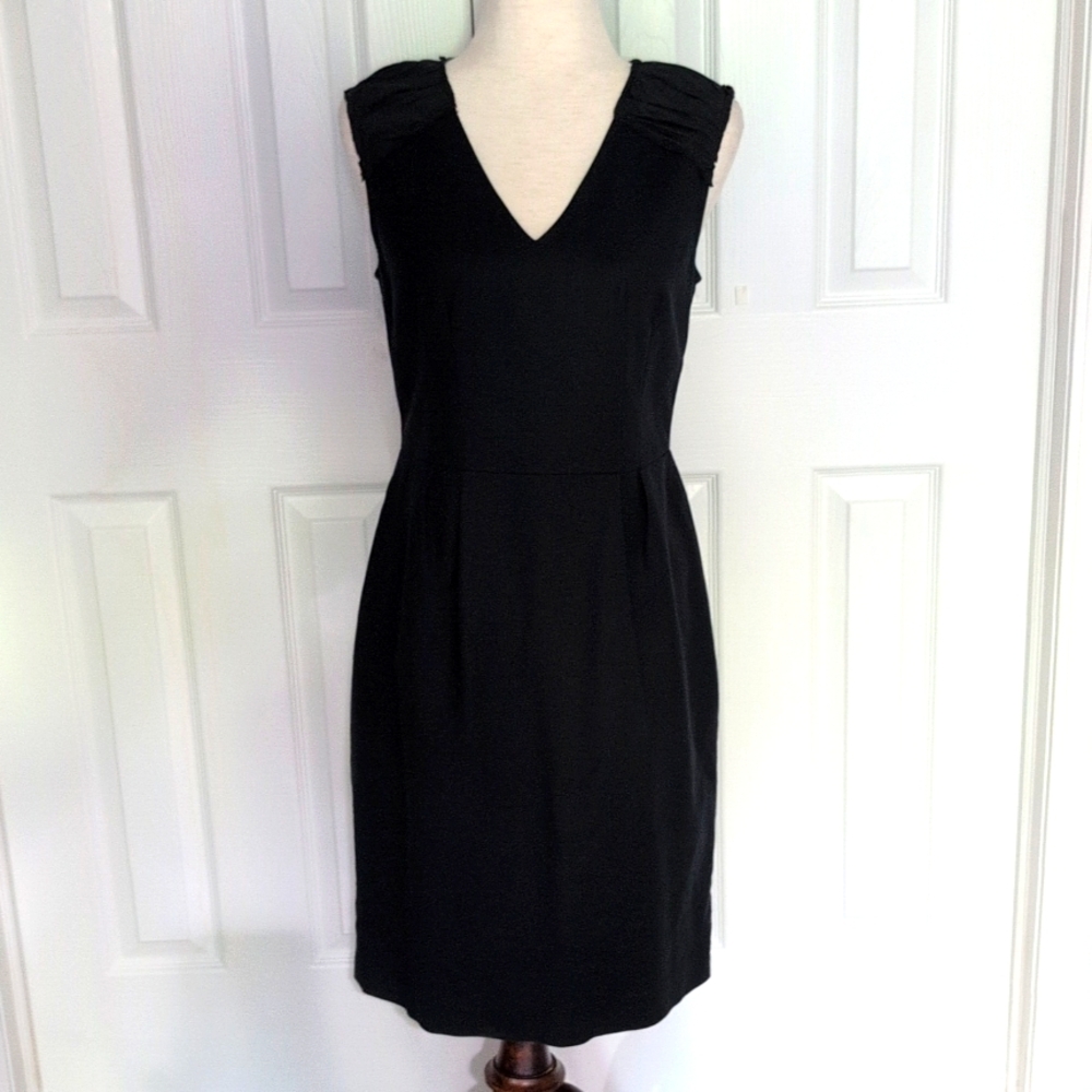 Banana Republic Fitted V Neck Black Dress With Ruched Cap Sleeves Size 6